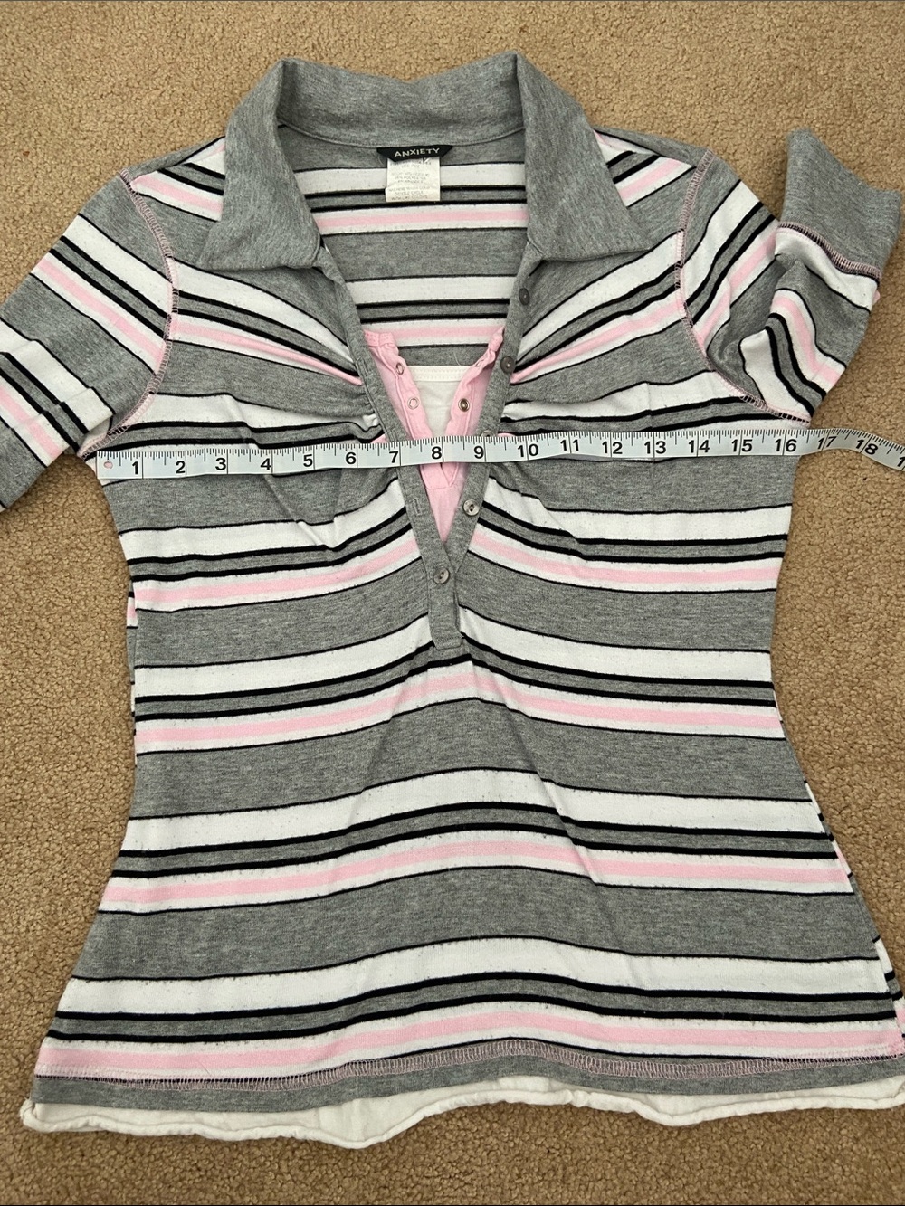 Anxiety Gray and Pink Striped Button-Down Polo